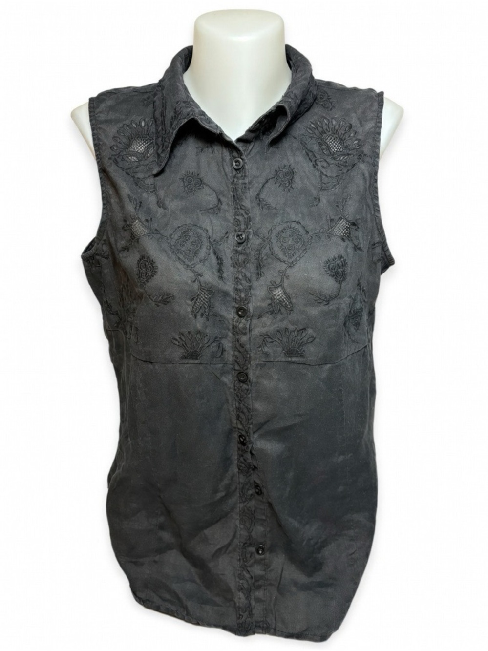 Edward 100% Linen Black Sleeveless Button Down Top Tonal Floral Embroidery Large